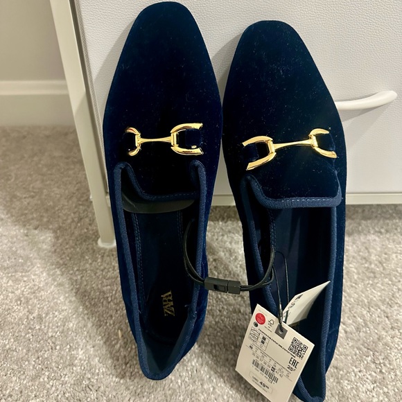 Zara Shoes - Zara Dark Blue Velvet Loafers with Gold Hardware